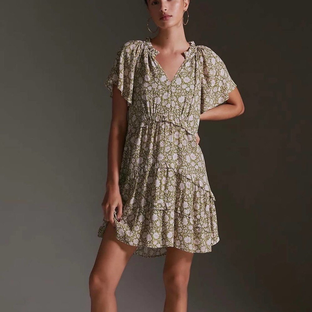 ANTHROPOLOGIE Dress Womens XS Green Robin Tiered Mini Short Sleeve Floral Print - Picture 2 of 16